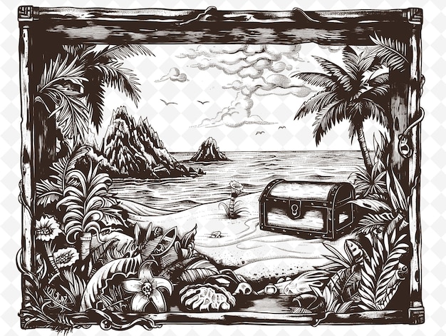 PSD un dibujo en blanco y negro de una escena de playa con palmeras y una caja con una palmera en el fondo