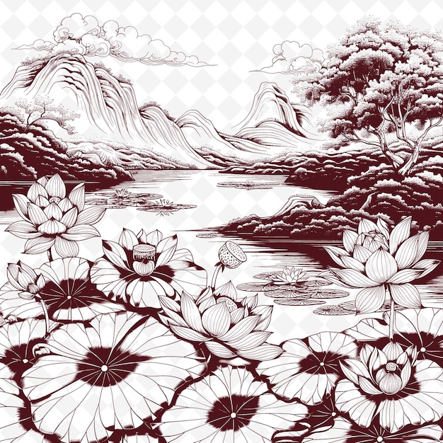 PSD un dibujo en blanco y negro de flores y montañas con un río en el fondo