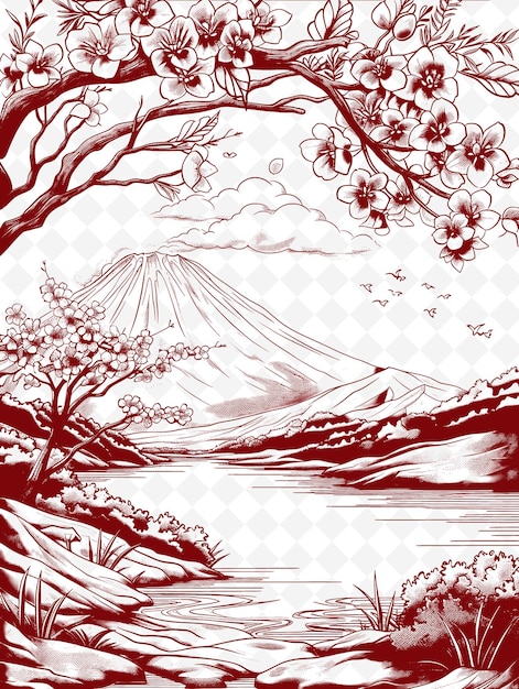 PSD un dibujo en blanco y negro de una montaña con flores y árboles