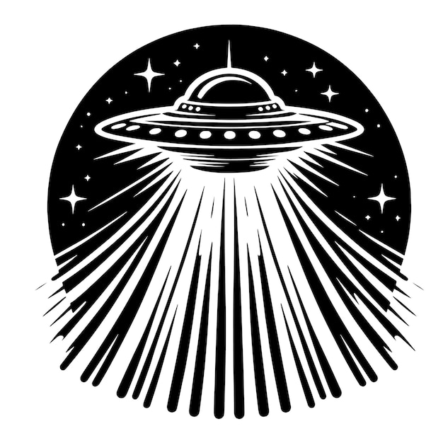PSD un dibujo en blanco y negro de una nave espacial con estrellas en el fondo