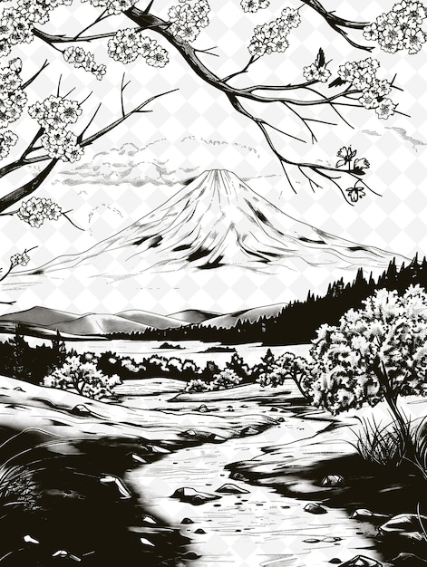 PSD un dibujo en blanco y negro de un paisaje de montaña con un río y árboles