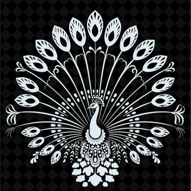 PSD un dibujo en blanco y negro de un pavo real con plumas y un fondo blanco con un patrón de plumas
