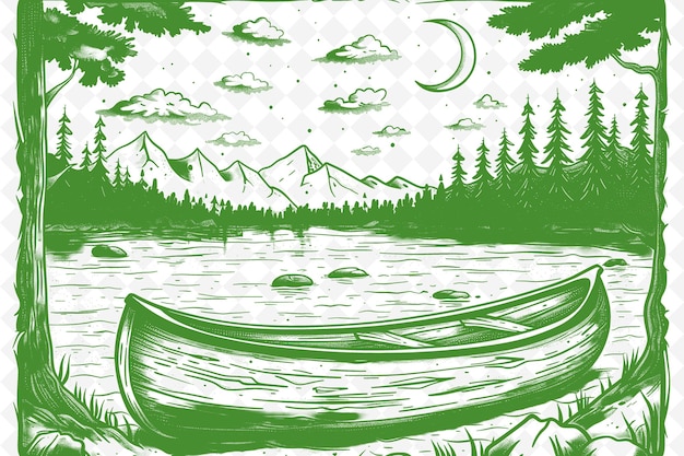 PSD un dibujo de un bosque con un barco y montañas en el fondo