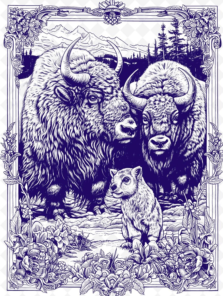 PSD un dibujo de un búfalo y un oso en el bosque