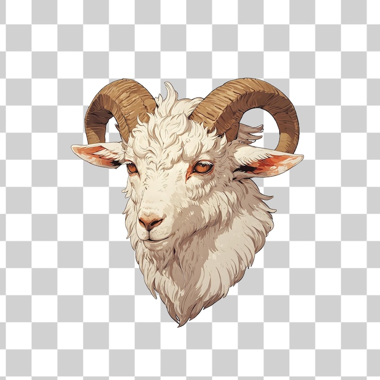 PSD un dibujo de una cabra con cuernos y una cara que dice oveja