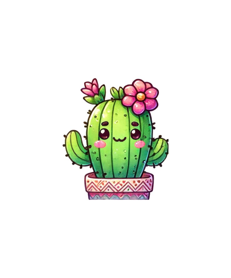 PSD un dibujo de un cactus con flores y una flor rosa en él