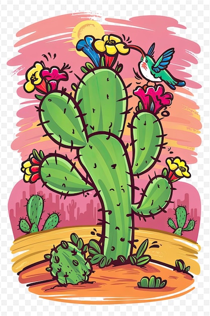 un dibujo de un cactus con flores y un pájaro en él