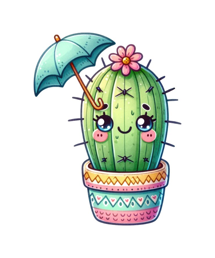 PSD un dibujo de un cactus con un paraguas azul y un paraguasa rosa