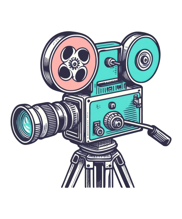 PSD un dibujo de una cámara con una pegatina retro de lente verde
