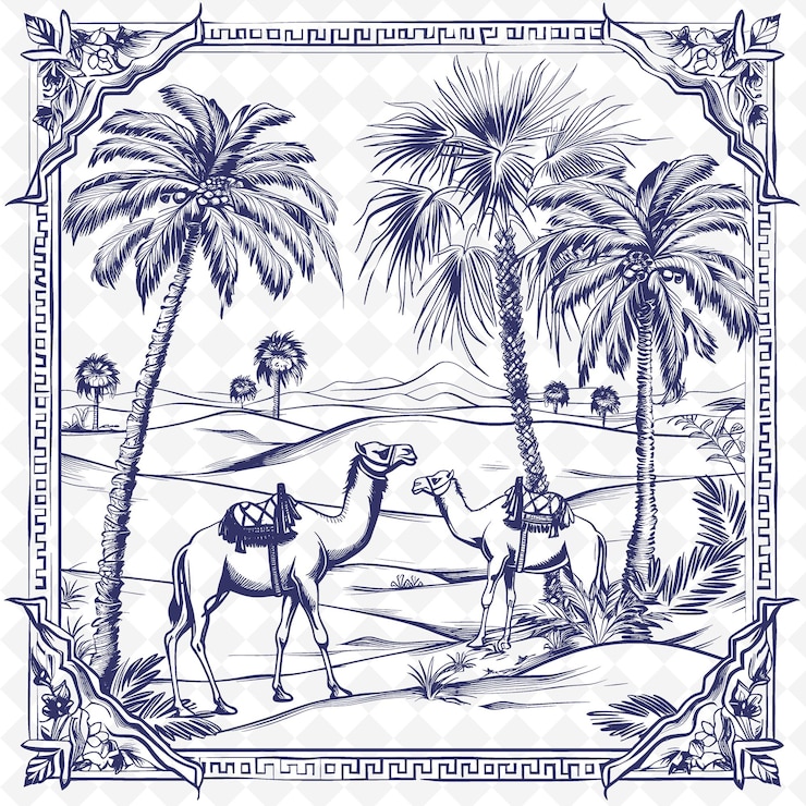 PSD un dibujo de un camello y palmeras en un desierto