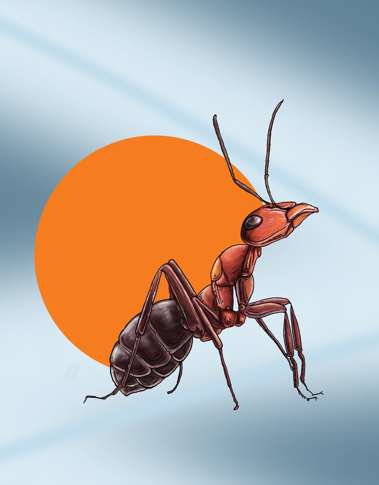 dibujo en capas de PSD de una hormiga con un círculo naranja en el fondo