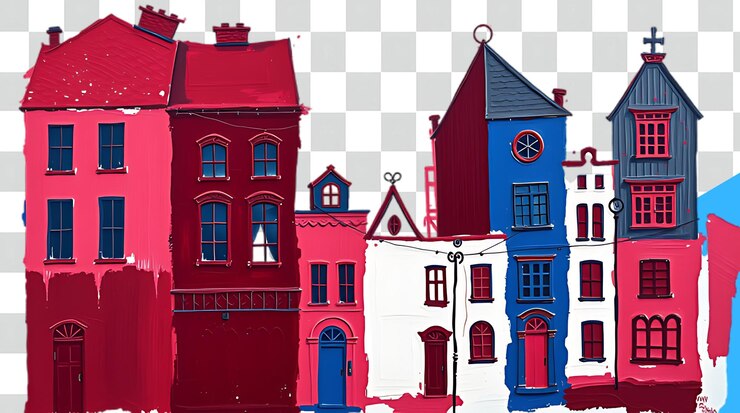 PSD un dibujo de una casa con una casa roja y una casa azul con un reloj en el frente