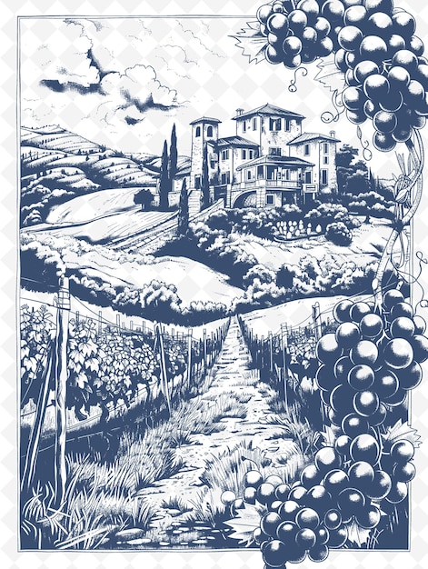 un dibujo de una casa en una colina con un viñedo en el fondo