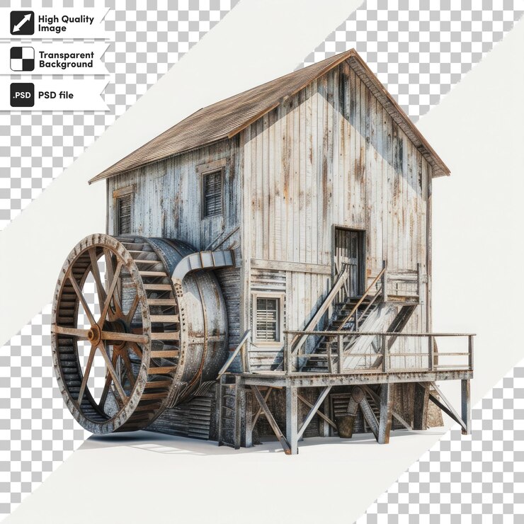 PSD un dibujo de una casa de madera con una rueda y una rueda