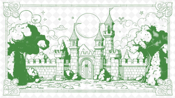 PSD un dibujo de un castillo con un fondo verde