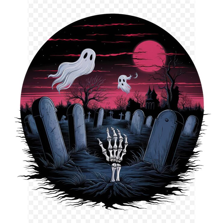 PSD un dibujo de un cementerio con un fantasma en él