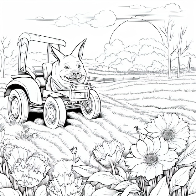 PSD un dibujo de un cerdo en un campo de flores.