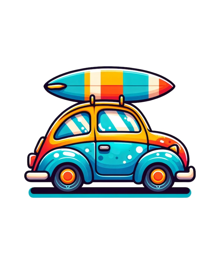 PSD dibujo de un coche con una tabla de surf encima
