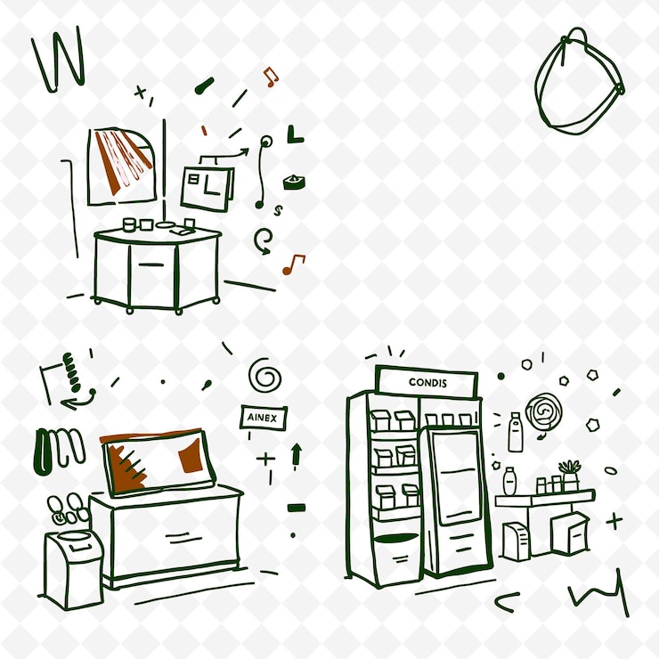 PSD un dibujo de una cocina con una caja de pañuelos y una caja