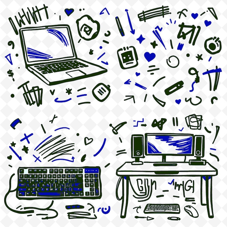 PSD un dibujo colorido de una computadora portátil y un teclado con la palabra luz en él