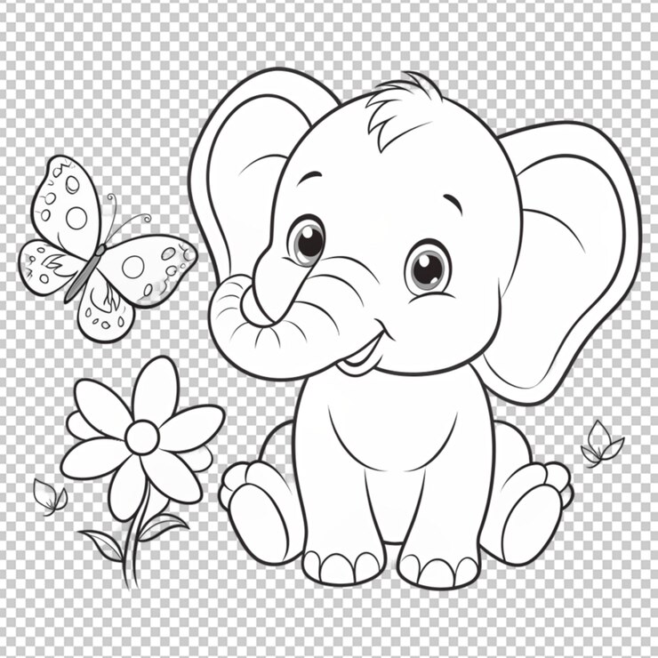 PSD dibujo de contorno de bebé elefante y mariposa