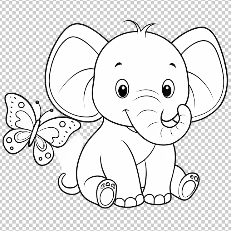 PSD dibujo de contorno de bebé elefante y mariposa