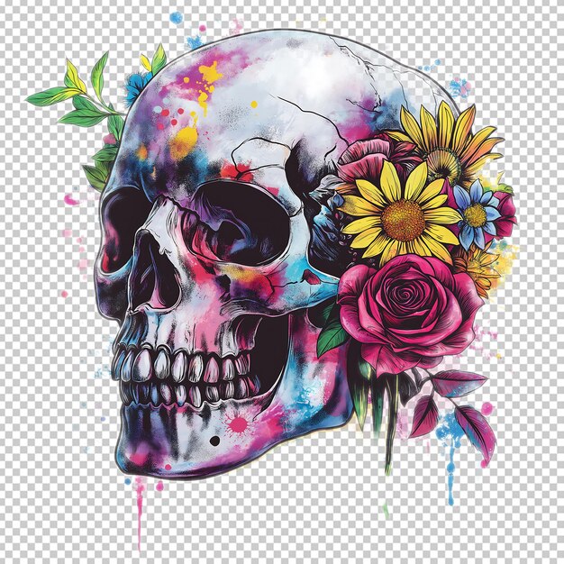 un dibujo de un cráneo con flores y un cráneo