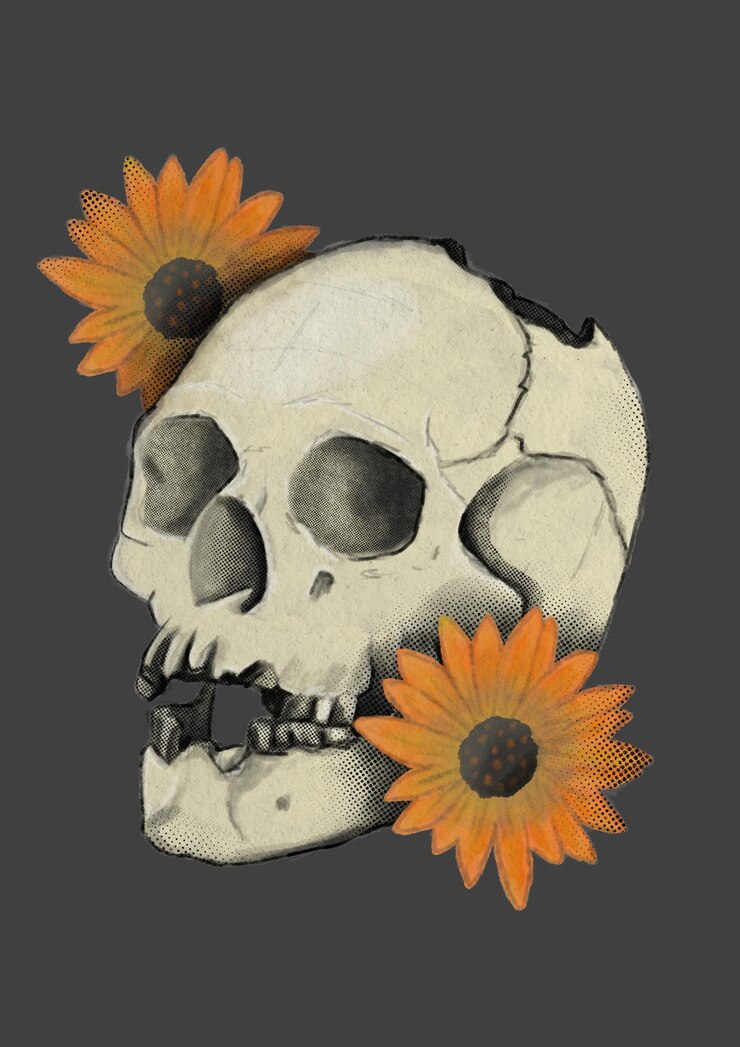 PSD un dibujo de un cráneo con flores en él
