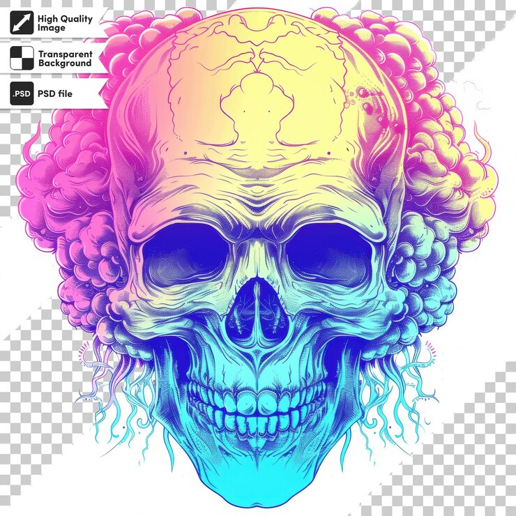 PSD un dibujo de un cráneo con una parte superior de color amarillo y rosa