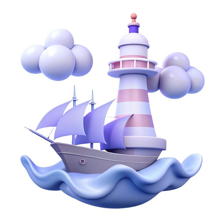 PSD un dibujo de dibujos animados de un barco con un faro en la parte inferior
