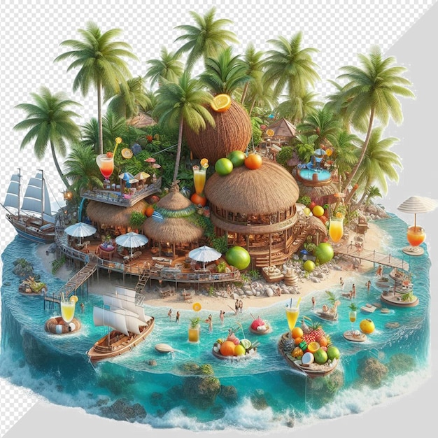 PSD un dibujo de dibujos animados de una isla tropical con palmeras y un parque acuático