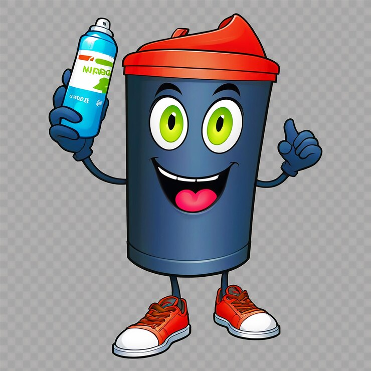 PSD un dibujo de dibujos animados de una lata de spray con una botella de spray