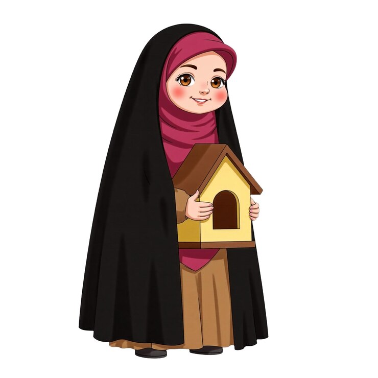 PSD un dibujo de dibujos animados de una niña que sostiene una casa de pájaros