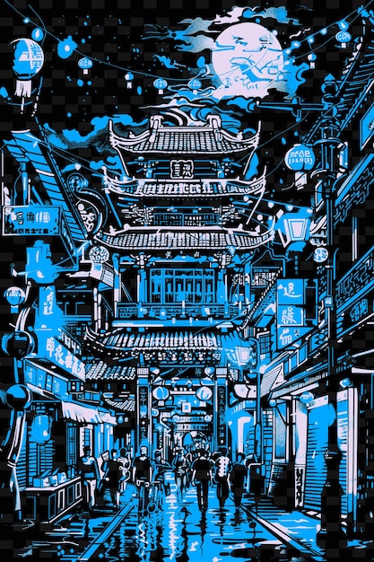 PSD un dibujo de un edificio chino con un fondo azul