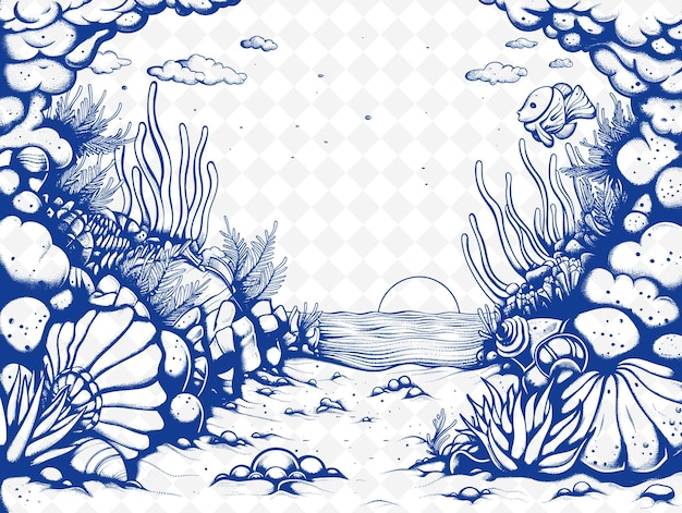 Un dibujo de una escena marina con criaturas marinas y el mar