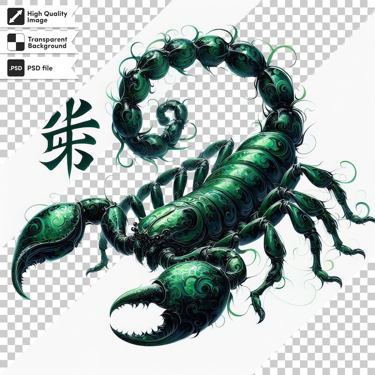 PSD un dibujo de un escorpión con un fondo verde con escritura china en él
