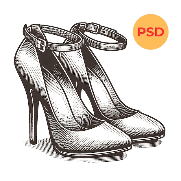 un dibujo de estilo grabado de un zapato de mujer de tacón alto