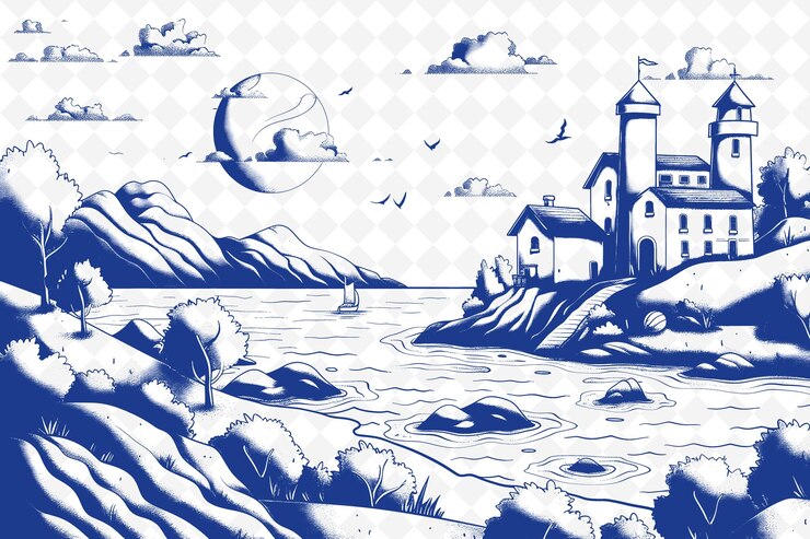 PSD un dibujo de un faro y un faro en el medio del océano