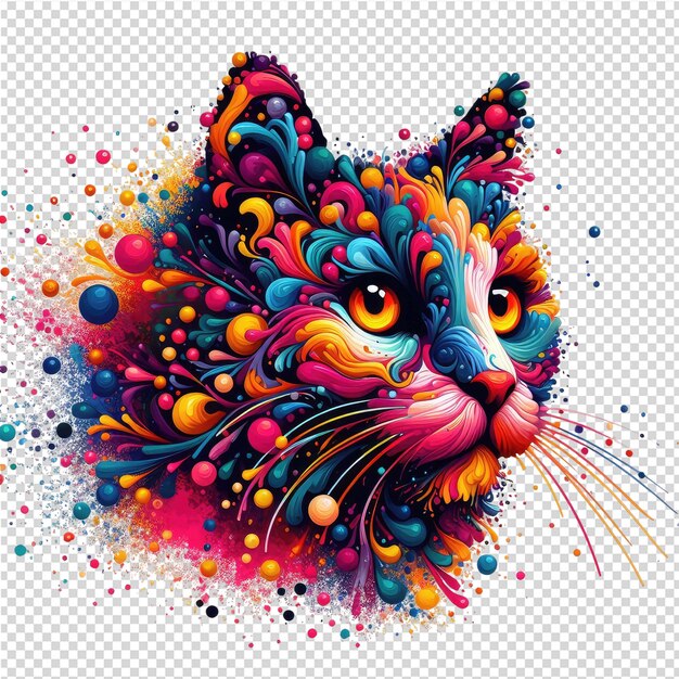 Un dibujo de un gato con manchas coloridas y una cabeza colorida