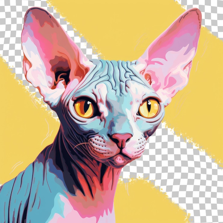 PSD un dibujo de un gato con ojos amarillos y un fondo azul con una x rosa y blanca.