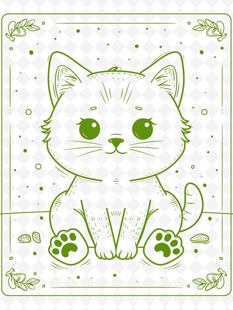 Un dibujo de un gato con ojos verdes y un fondo verde con un punto verde