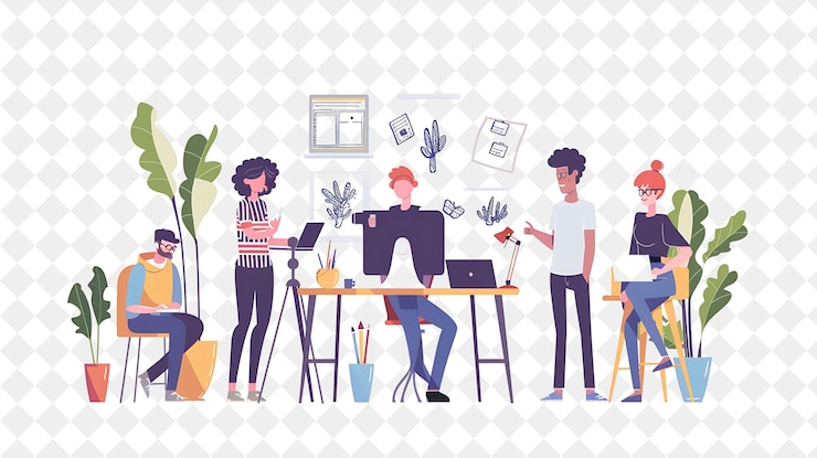PSD un dibujo de un grupo de personas trabajando en una habitación con plantas y una computadora portátil