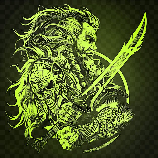 Un dibujo de un guerrero con una espada y un dragón