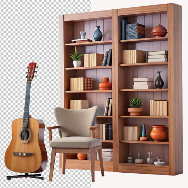Un dibujo de una guitarra y un estante con una silla