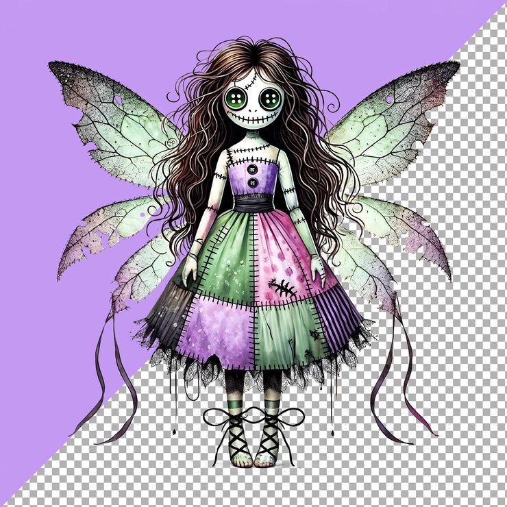 PSD un dibujo de una hada con un vestido verde y alas púrpuras