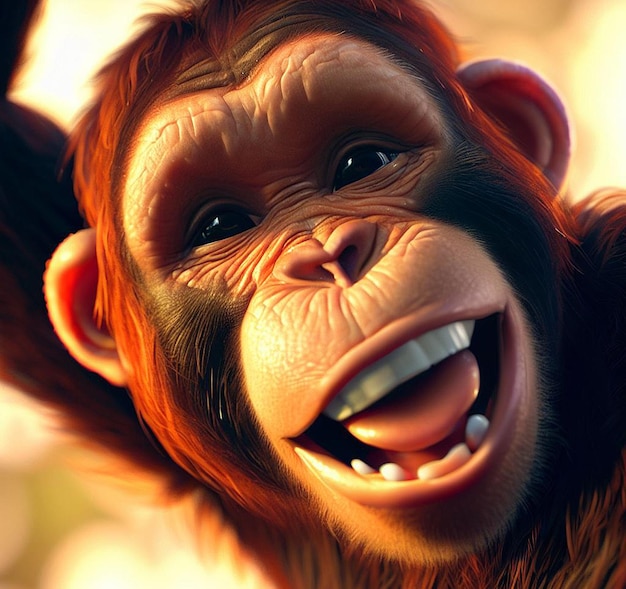 PSD dibujo hiperealista chimpancé mono sonriendo dientes riendo divertido aislado fondo transparente