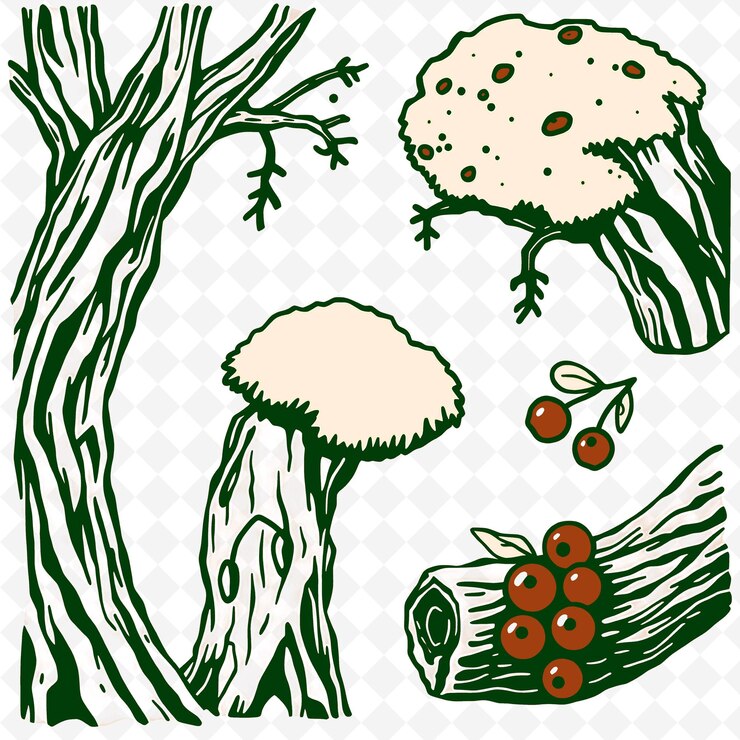 PSD un dibujo de un hongo con un fondo verde con un árbol en el medio