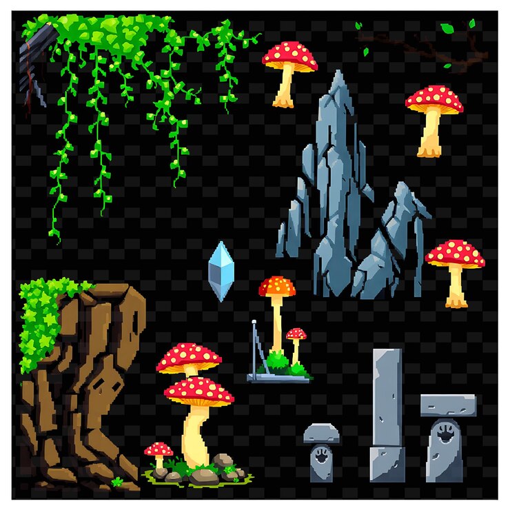 PSD un dibujo de hongos y musgo con un árbol en el fondo