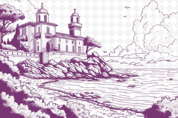 PSD un dibujo de una iglesia junto al mar