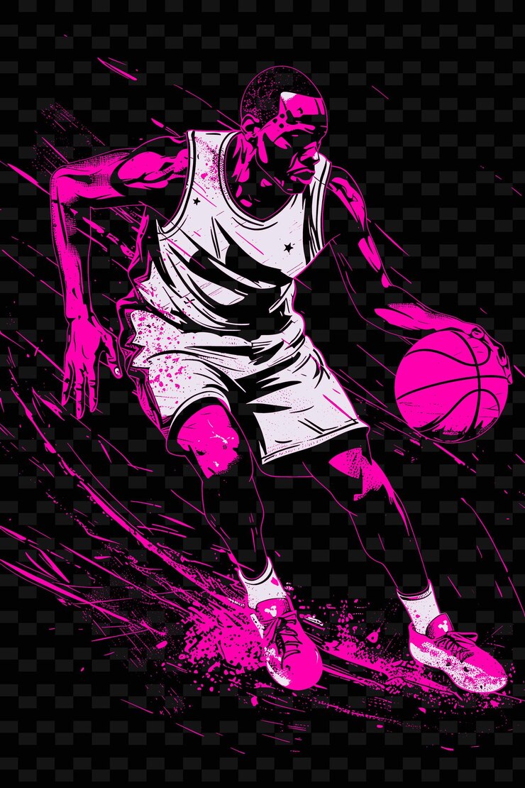 PSD un dibujo de un jugador de baloncesto con un uniforme rosa y las palabras baloncesto en él